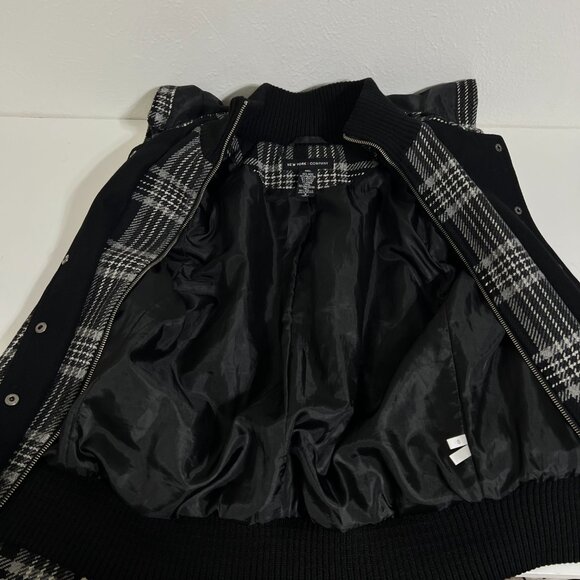 New York & Company Plaid Hooded Jacket Black White M Snap Zip Wool Blend - Picture 10 of 12
